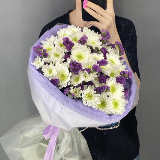 Букет долгоиграющий 💜 белоснежная кустовая хризантема 🌿 фиолетовая статица 💜🌸💜