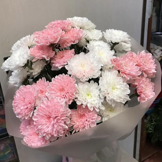 Букет из бело-розовых как зефир хризантем