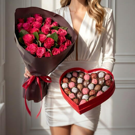 Ароматные розы и клубника в Бельгийском шоколаде. 💘 Подарочный Набор 2050 «Сердце в подарок» Leoraflowers