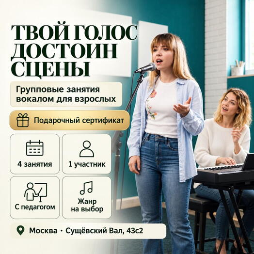 Подарочный сертификат «Групповые занятия вокалом для взрослых» (4 занятия по 60 мин, 1 человек в составе группы)