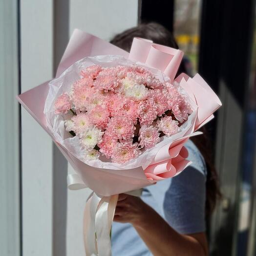 Bouquet of bush chrysanthemums in designer packaging