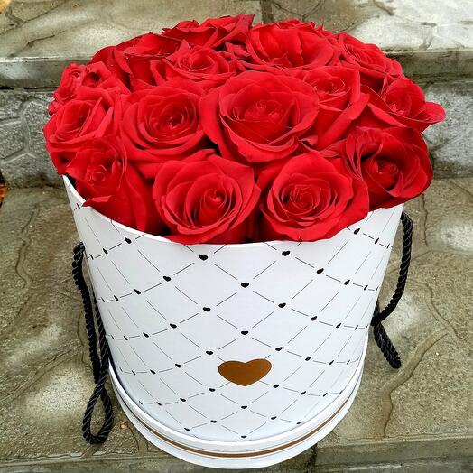 Red roses in a white box