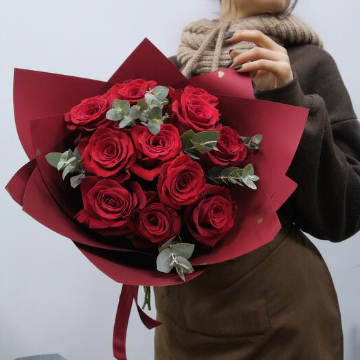 Roses with eucalyptus