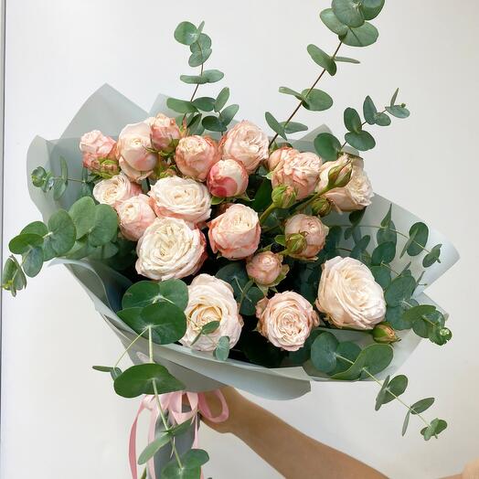 Bouquet of peony-shaped roses with fragrant eucalyptus