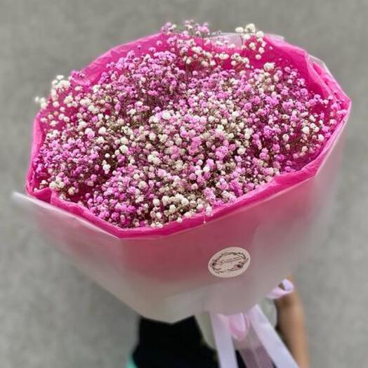 Bright bouquet with pink gypsophila