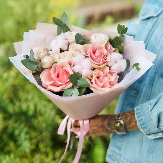 Розовые розы с хлопком💓
