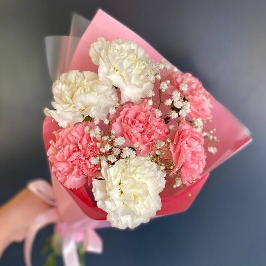 Monobucket of dianthuses,white gypsophila,bouquet of IL FIORE