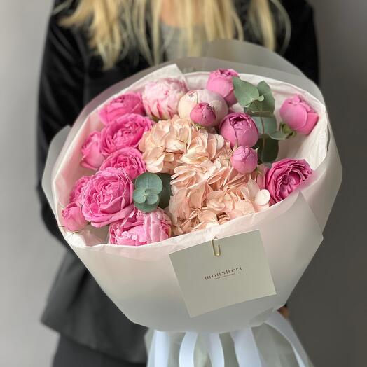 Bouquet with hydrangeas, peonies and bush roses