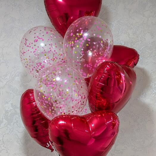 Сет: Красные фольгированные сердца и прозрачные шары с конфетти