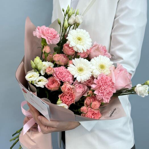 Bouquet with roses, germini, eustoma "Charm"