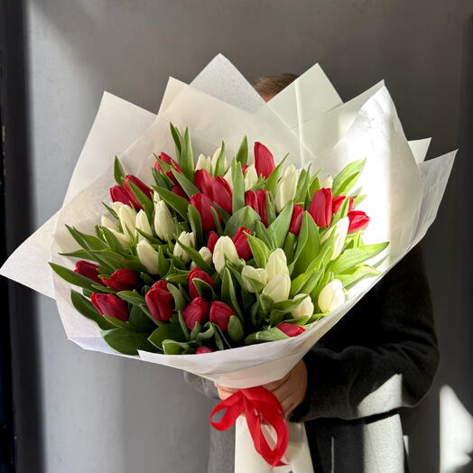 45 red and white tulips