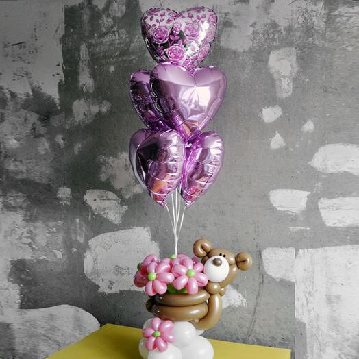 Букет розовый с мишкой