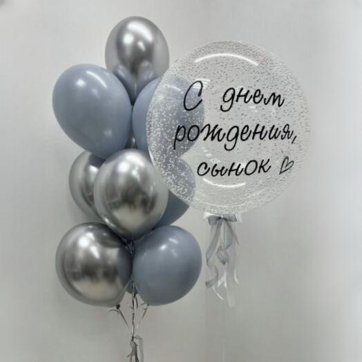 Сет воздушных шаров баблс с любой надписью и фонтан шаров серебряный и синий