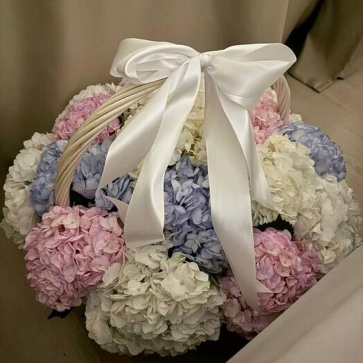 Корзина с яркими гортензиями