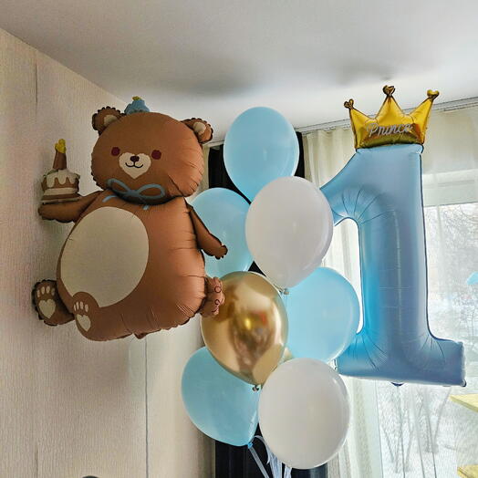 Набор шаров на годик,1год сына мальчика мишка,медведь и цифра 1голубая-12шаров