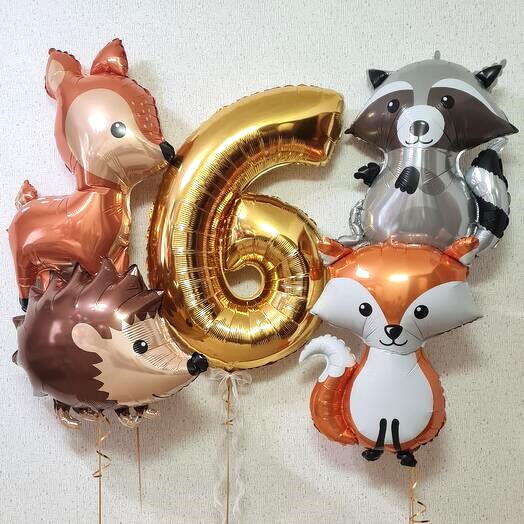 Шары для ребенка 🎉 цифра золото и лесные звери (лисёнок, енот, ёжик, лиса) на день рождения