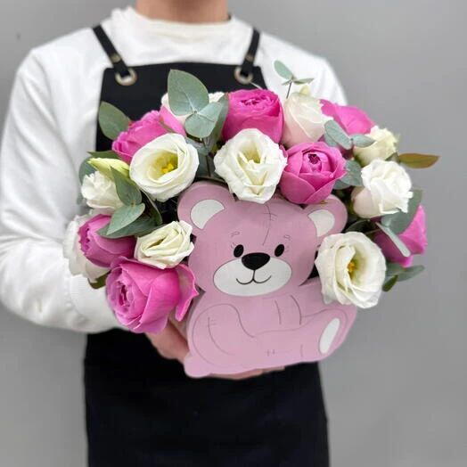 Коробочка Мишка с цветами N1242 + подарок от Vivienne Sabo — румяна MACARON