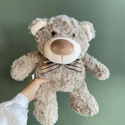 Игрушка «мишка кремовый с коричневой ленточкой в клетку»