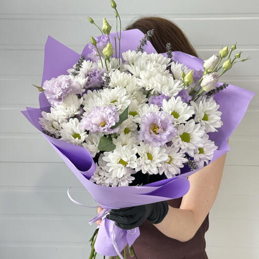 Букет «Лавандовая нежность» 💜 Эустома, хризантема и лаванда