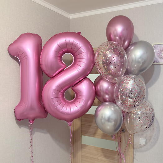 Гелиевые воздушный шары девушке на день рождения 18 лет. Шары с гелием для дочери на совершеннолетие с розовыми цифрами