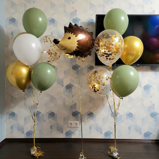 Эвкалипт и золото два фонтана + ежик фольгированный. Всего 15 шаров