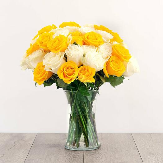 Bright Yellow and white roses Glass Vase