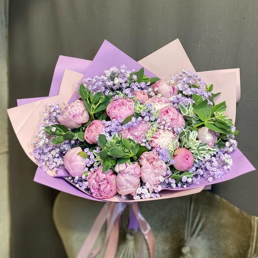 Peonies with rainbow gypsophila