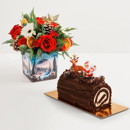 Christmas Log Cake with Flowers