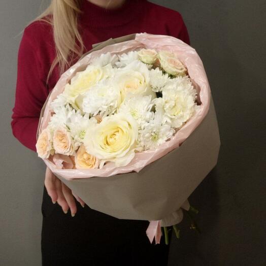 Bouquet "Gentle touch" with chrysanthemums and peony-shaped roses