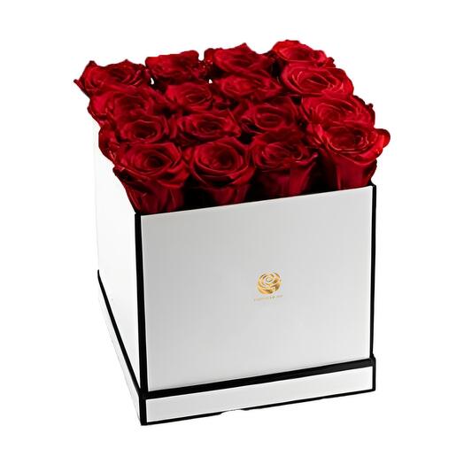 Queen Roses - 16 Red Roses in White Square Box