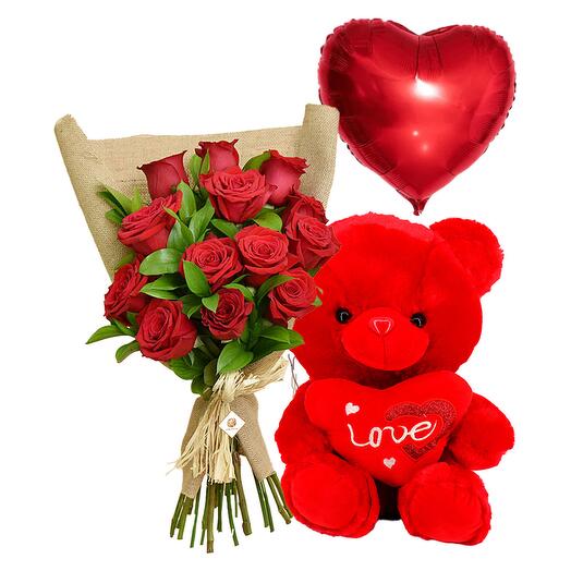 12 Red Roses Bouquet with Red Foil Balloon and Red Teddy