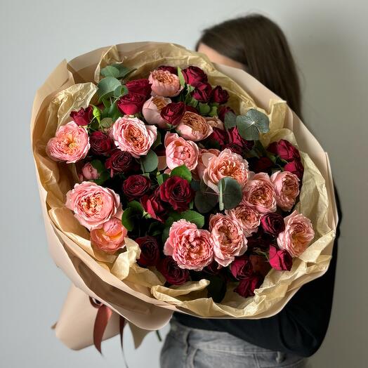 mono bouquet 140 de 11 rosas de peonía arbustivas con eucalipto