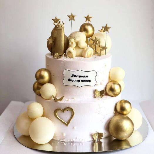 Двухъярусный торт на «Тұсау кесер, двухъярусный торт на день рождения, двухъярусный торт с шоколадными шариками 3 кг