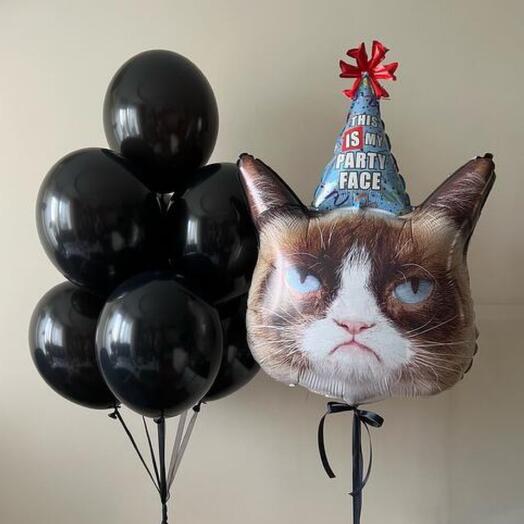 A set of balloons and a figure of a cat with a hood