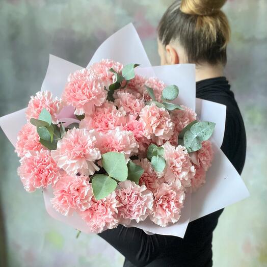 Delicate carnations with fragrant eucalyptus