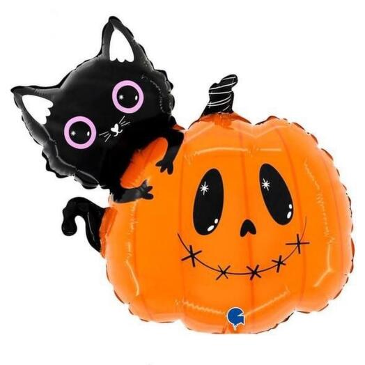 Воздушный шар черный котенок с тыквой на хэллоуин Halloween