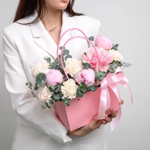 Handbag with pink peonies