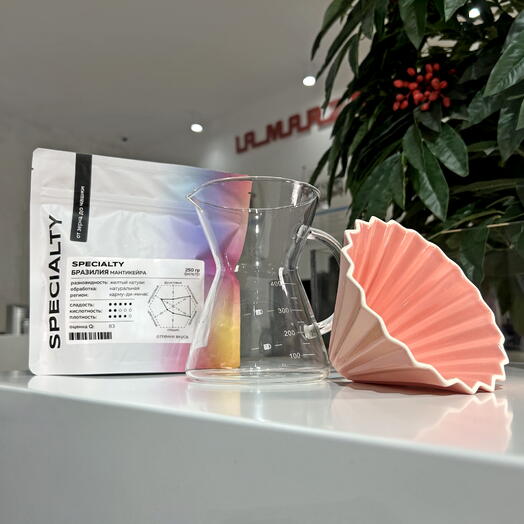Воронка RISE ORIGAMI, розовая + RISE Pourover coffee maker, 400 мл + Кофе Бразилия Карму-ди-Минас Мантикейра