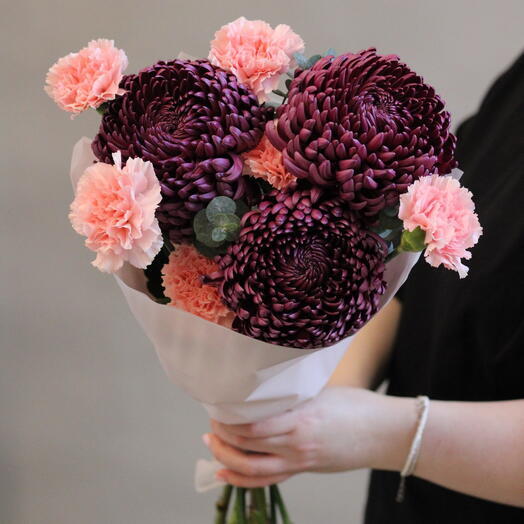 Букет из темных хризантем и нежных розовых гвоздик