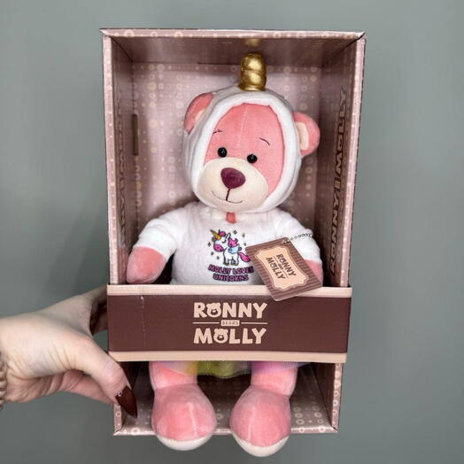 Игрушка медведь розовый в одежде 🧸