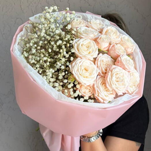 Duo bouquet with bushy peony-shaped roses and gypsophila