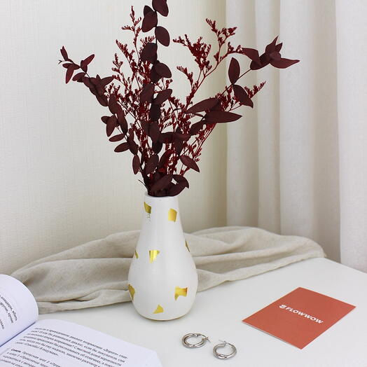 Jarrón con ramitas de flores secas de Limonium y eucalipto. Regalo para mamá, niñas, hermanas, colegas, abuelas, usted mismo en su Cumpleaños