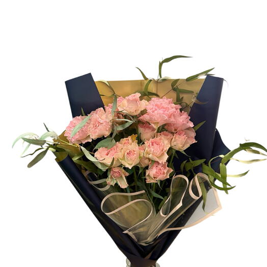 Pink Peony Roses in Elegant Midnight Blue Wrap