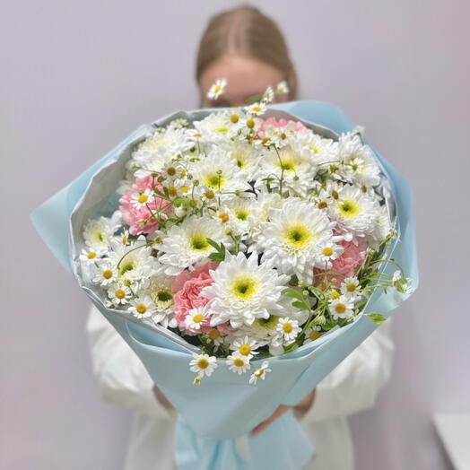 Букет "Утренняя радость" в подарок девушке 💙 Хризантема, танацетум, диантусы