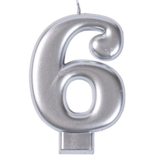 Свеча для торта Цифра 6 (8 см), серебро