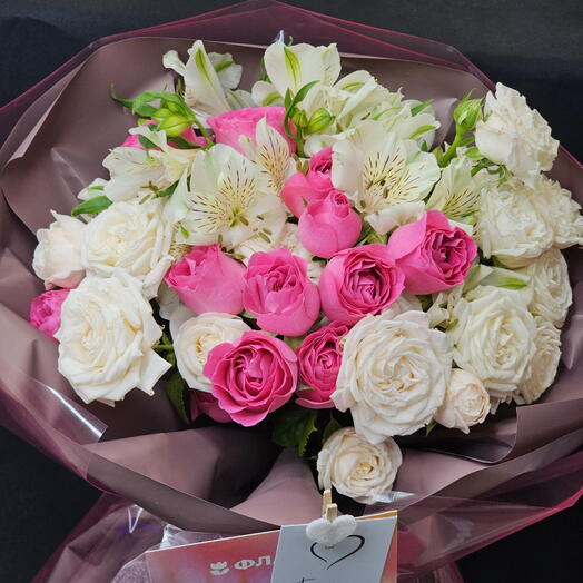 🥰 "Поцелуи"❣️ Любимой, авторский букет (кустовые пионо розы бомбастик, кустовые розовые розы, альстромерия) яркий, дофаминовый