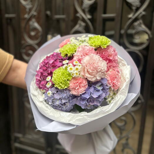 Pastel Hydrangea and Pink Carnation Bouquet