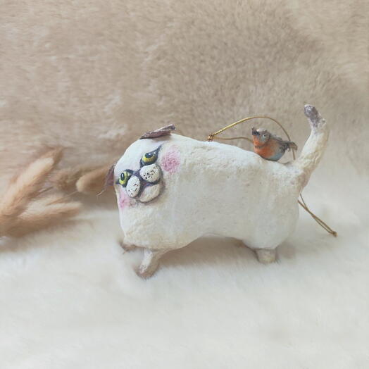 Ватная игрушка Кот с птичкой