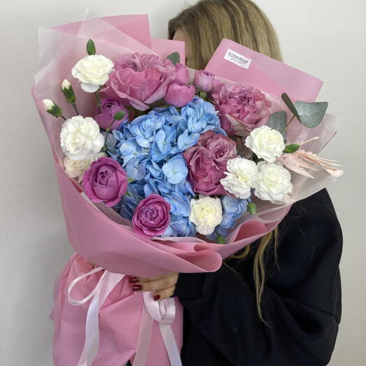 🩵🩷Яркий букет Bloom room, пионовидная роза, гортензия, диантус