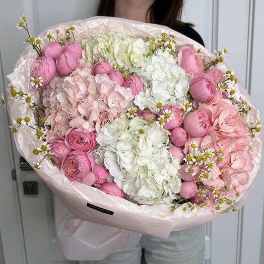 💕Пышный букет «Розовое чудо»💕 Bloom room, гортензия, ромашка, пионовидная кустовая роза
